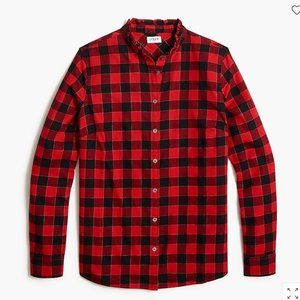 Button-front flannel top with ruffled collar, sz S